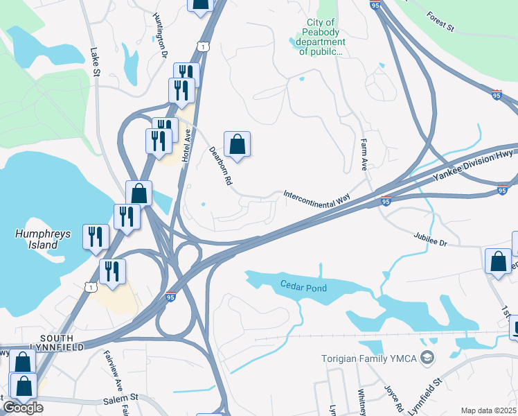 map of restaurants, bars, coffee shops, grocery stores, and more near 10 Dearborn Road in Peabody