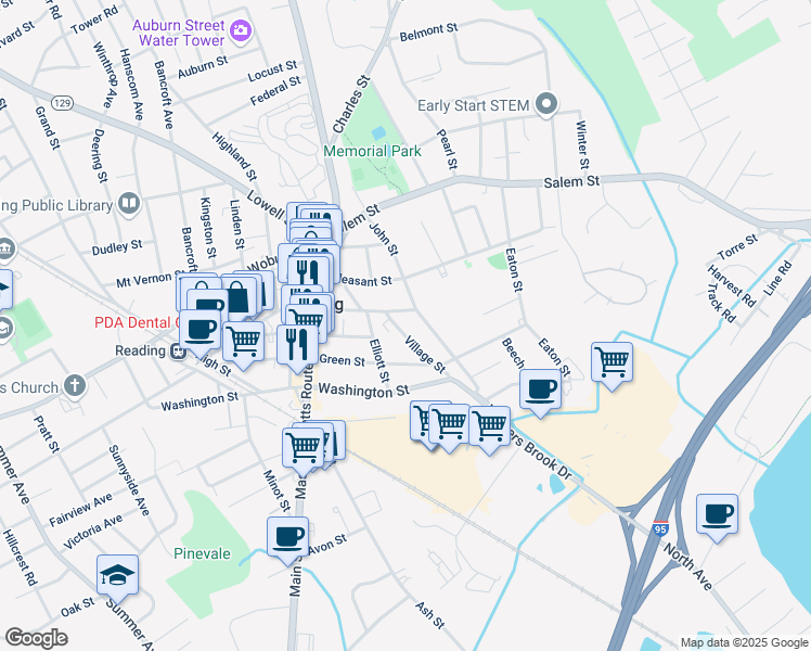 map of restaurants, bars, coffee shops, grocery stores, and more near 326 Haven Street in Reading