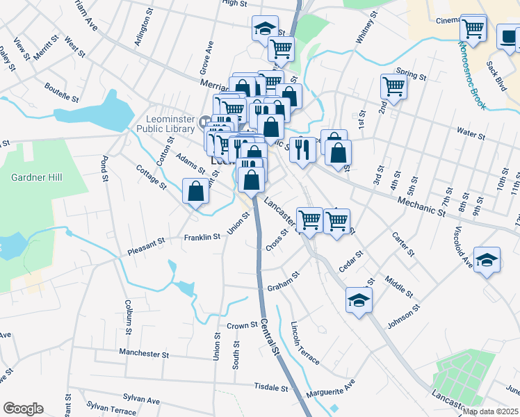 map of restaurants, bars, coffee shops, grocery stores, and more near 64 Central Street in Leominster