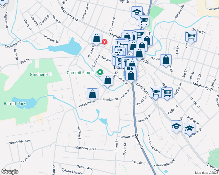 map of restaurants, bars, coffee shops, grocery stores, and more near 70 Pleasant Street in Leominster