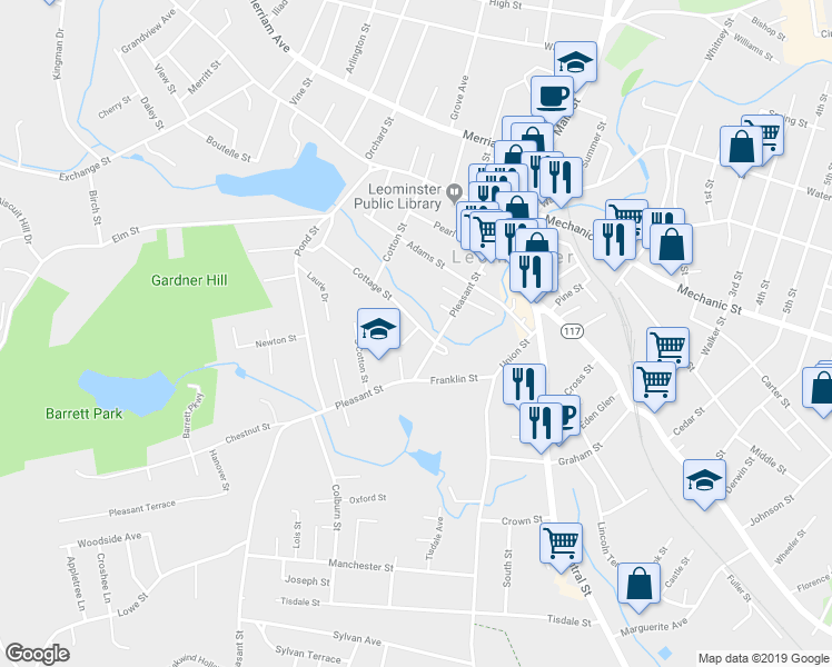 map of restaurants, bars, coffee shops, grocery stores, and more near in Leominster