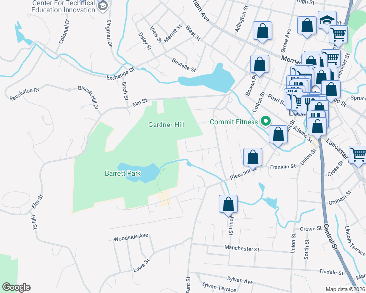 map of restaurants, bars, coffee shops, grocery stores, and more near 60 Newton Street in Leominster