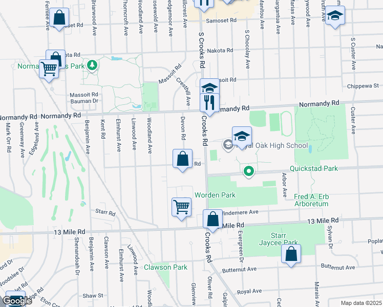 map of restaurants, bars, coffee shops, grocery stores, and more near 3902 Devon Road in Royal Oak