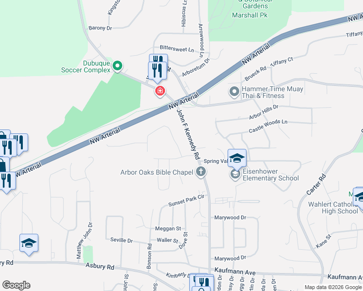 map of restaurants, bars, coffee shops, grocery stores, and more near 3361 Peach Tree Ln in Dubuque