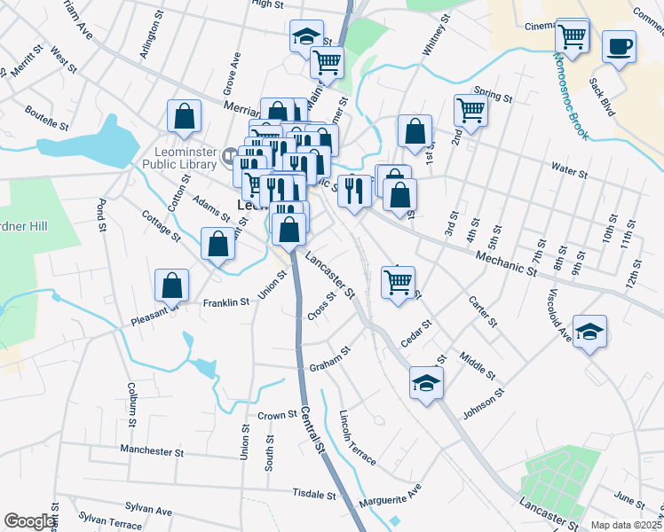 map of restaurants, bars, coffee shops, grocery stores, and more near 42 Lancaster Street in Leominster