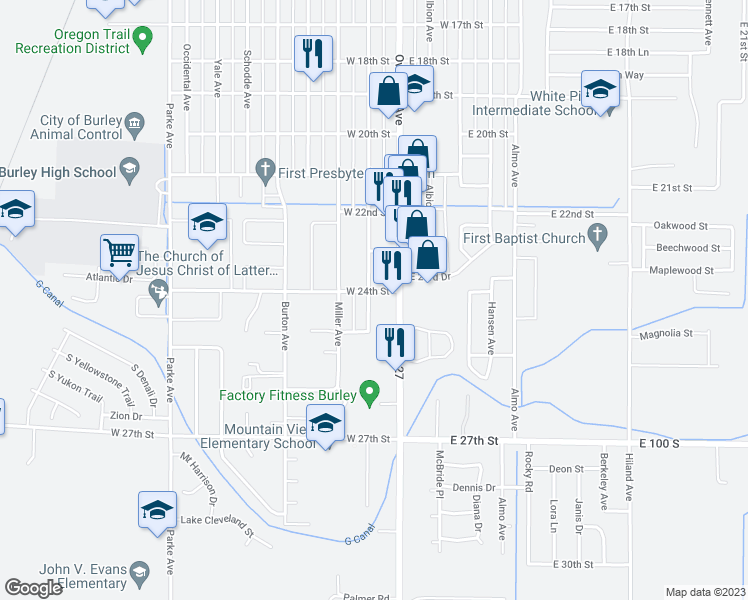 map of restaurants, bars, coffee shops, grocery stores, and more near 2403 Oakley Avenue in Burley