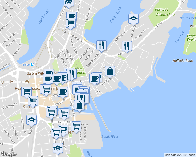 map of restaurants, bars, coffee shops, grocery stores, and more near 9 Bentley Street in Salem