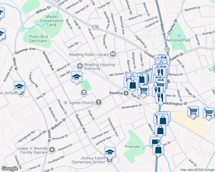 map of restaurants, bars, coffee shops, grocery stores, and more near 99 High Street in Reading