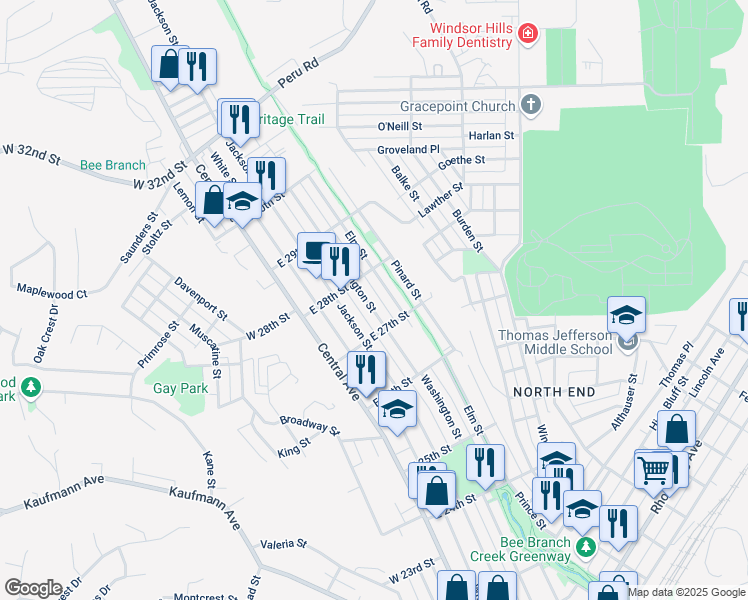 map of restaurants, bars, coffee shops, grocery stores, and more near 2735 Elm Street in Dubuque