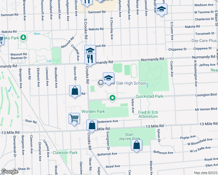 map of restaurants, bars, coffee shops, grocery stores, and more near 1500 Lexington Boulevard in Royal Oak