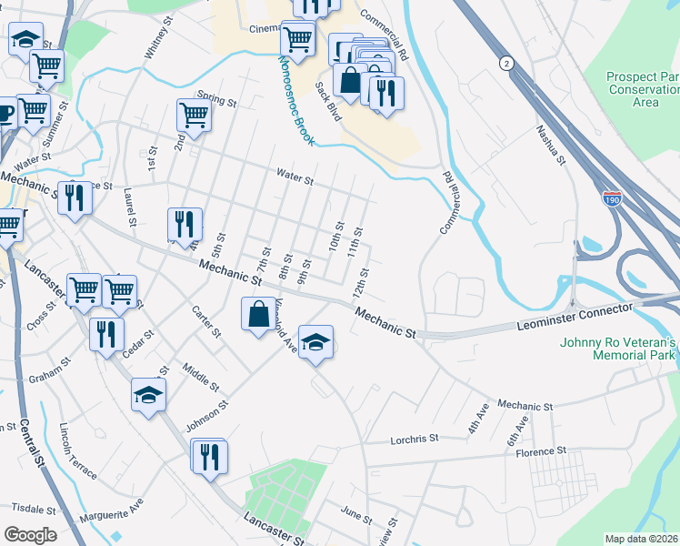 map of restaurants, bars, coffee shops, grocery stores, and more near 162 10th Street in Leominster
