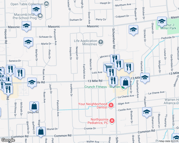 map of restaurants, bars, coffee shops, grocery stores, and more near 31158 Fairfield Drive in Warren