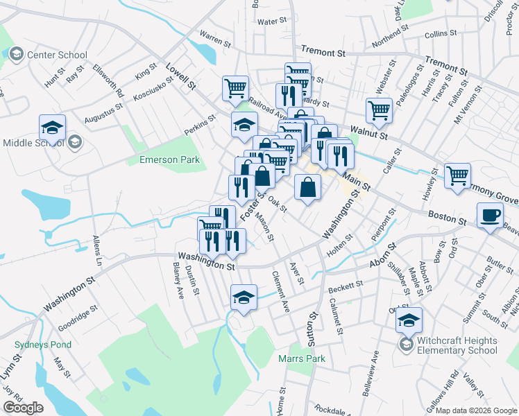 map of restaurants, bars, coffee shops, grocery stores, and more near 80 Foster Street in Peabody