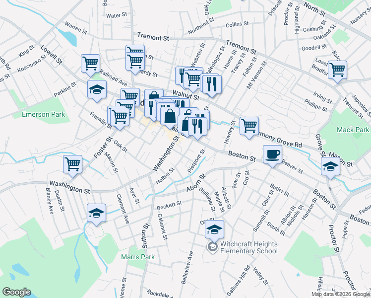 map of restaurants, bars, coffee shops, grocery stores, and more near 111 Main Street in Peabody