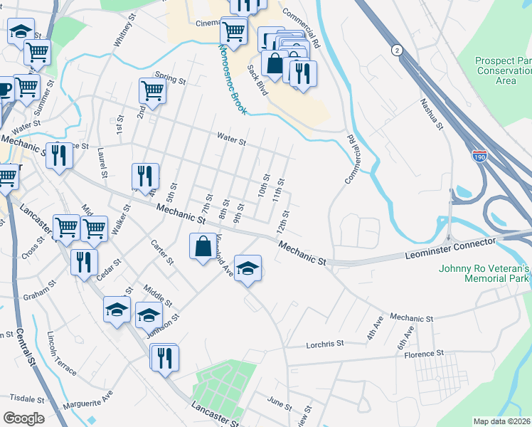 map of restaurants, bars, coffee shops, grocery stores, and more near 162 10th Street in Leominster