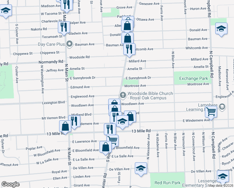 map of restaurants, bars, coffee shops, grocery stores, and more near 508 Edmund Avenue in Royal Oak