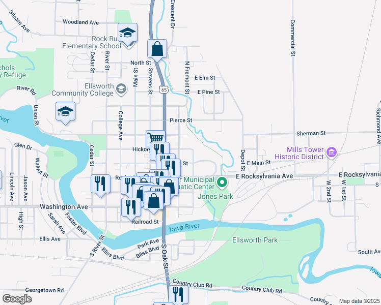 map of restaurants, bars, coffee shops, grocery stores, and more near 304 Hickory Street in Iowa Falls