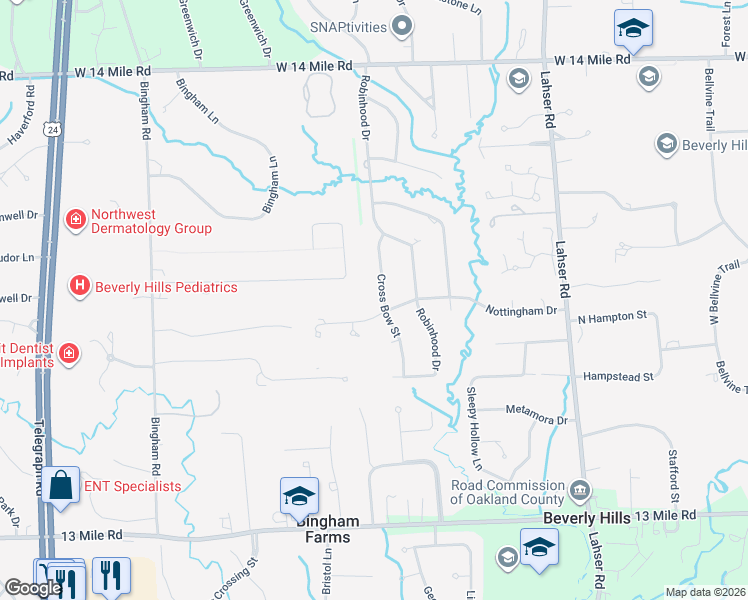 map of restaurants, bars, coffee shops, grocery stores, and more near 32034 Cross Bow Street in Beverly Hills