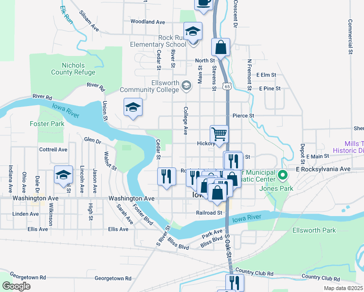 map of restaurants, bars, coffee shops, grocery stores, and more near 701 College Avenue in Iowa Falls
