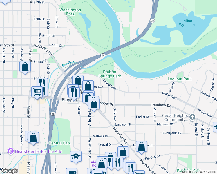 map of restaurants, bars, coffee shops, grocery stores, and more near 1098 Newman Avenue in Cedar Falls