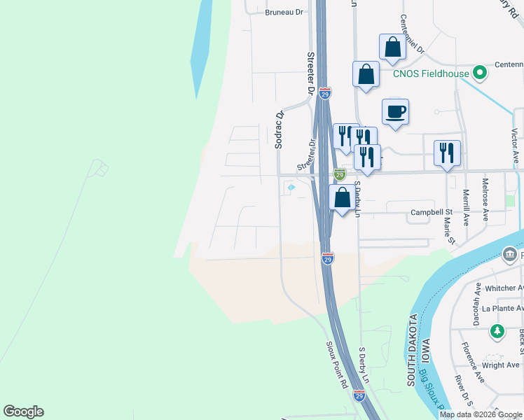 map of restaurants, bars, coffee shops, grocery stores, and more near 101 Sodrac Dr in North Sioux City