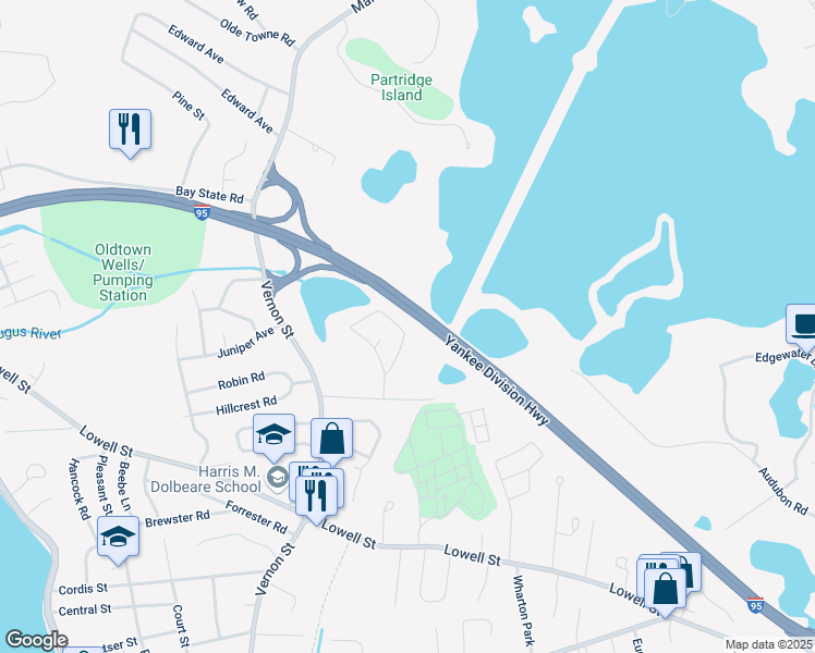 map of restaurants, bars, coffee shops, grocery stores, and more near 64 Paon Boulevard in Wakefield