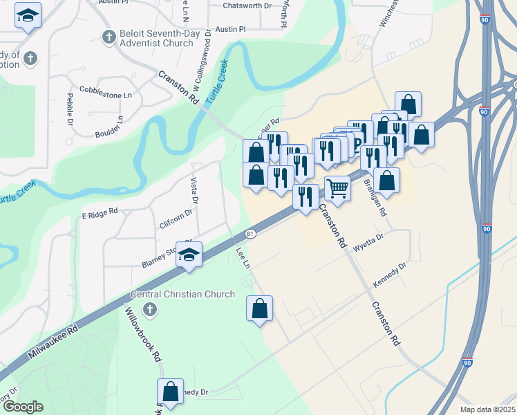 map of restaurants, bars, coffee shops, grocery stores, and more near 1810 Sutler Avenue in Beloit