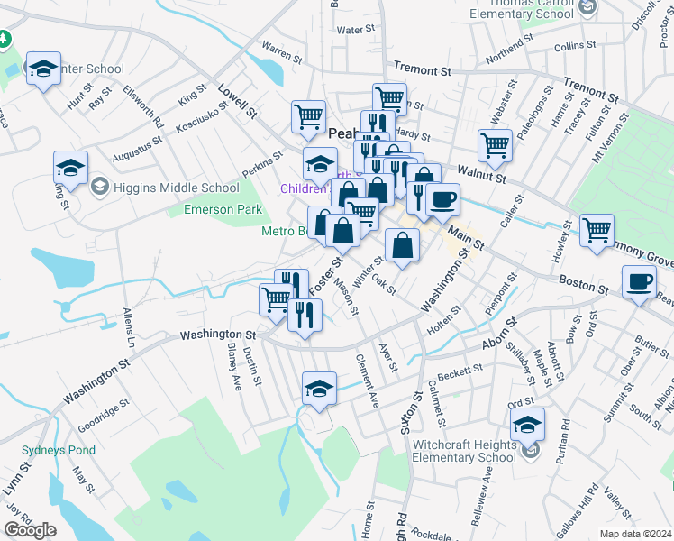 map of restaurants, bars, coffee shops, grocery stores, and more near 64 Foster Street in Peabody
