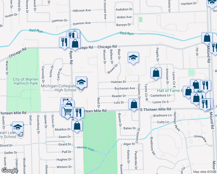 map of restaurants, bars, coffee shops, grocery stores, and more near 4510 Holmes Drive in Warren