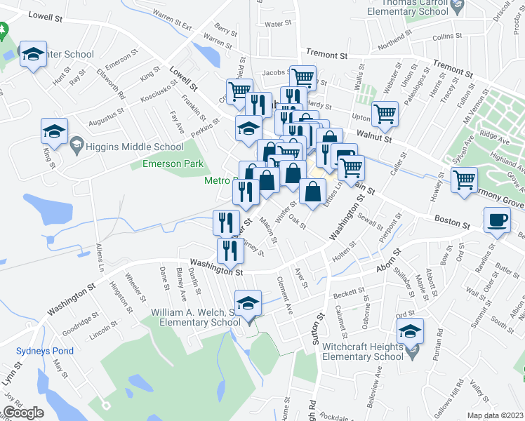 map of restaurants, bars, coffee shops, grocery stores, and more near 78 Foster Street in Peabody