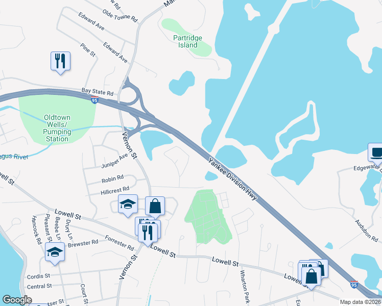 map of restaurants, bars, coffee shops, grocery stores, and more near 64 Paon Boulevard in Wakefield