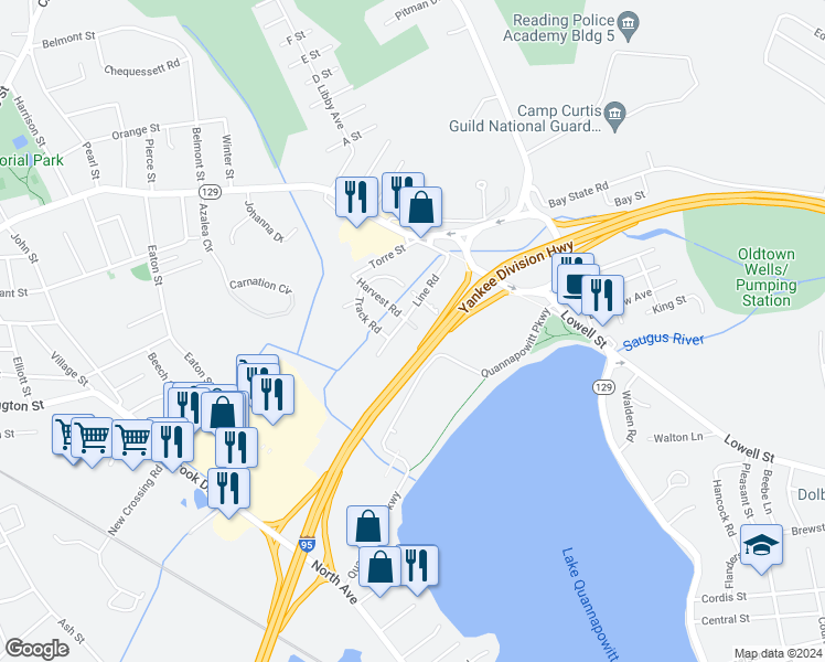 map of restaurants, bars, coffee shops, grocery stores, and more near 28 Line Road in Reading