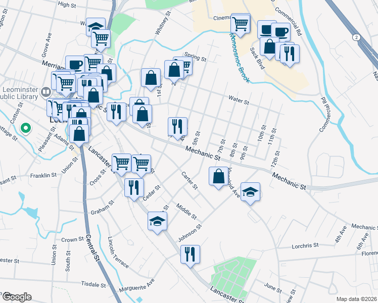 map of restaurants, bars, coffee shops, grocery stores, and more near 218 Mechanic Street in Leominster