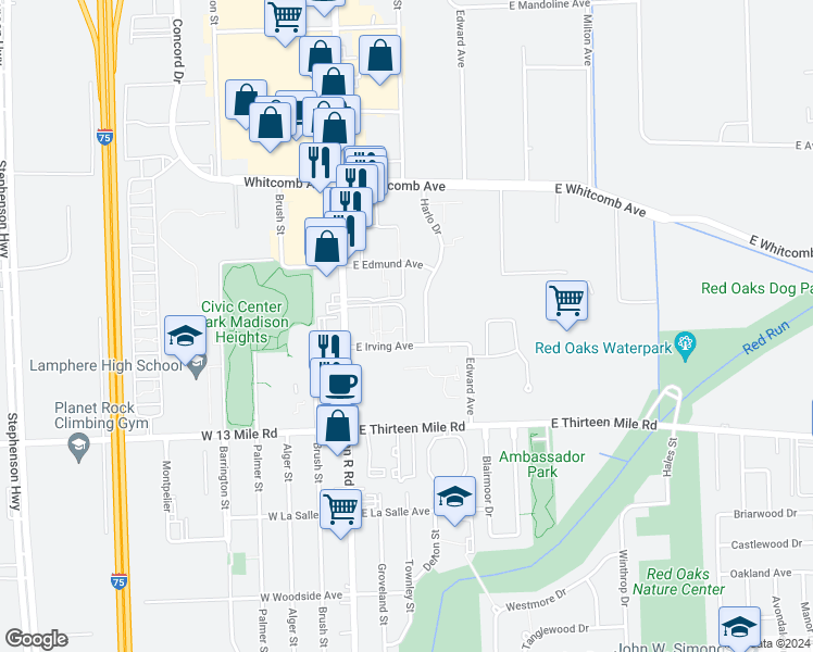 map of restaurants, bars, coffee shops, grocery stores, and more near 31300 John R Road in Madison Heights