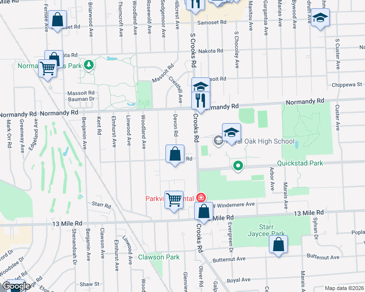 map of restaurants, bars, coffee shops, grocery stores, and more near 3902 Devon Road in Royal Oak