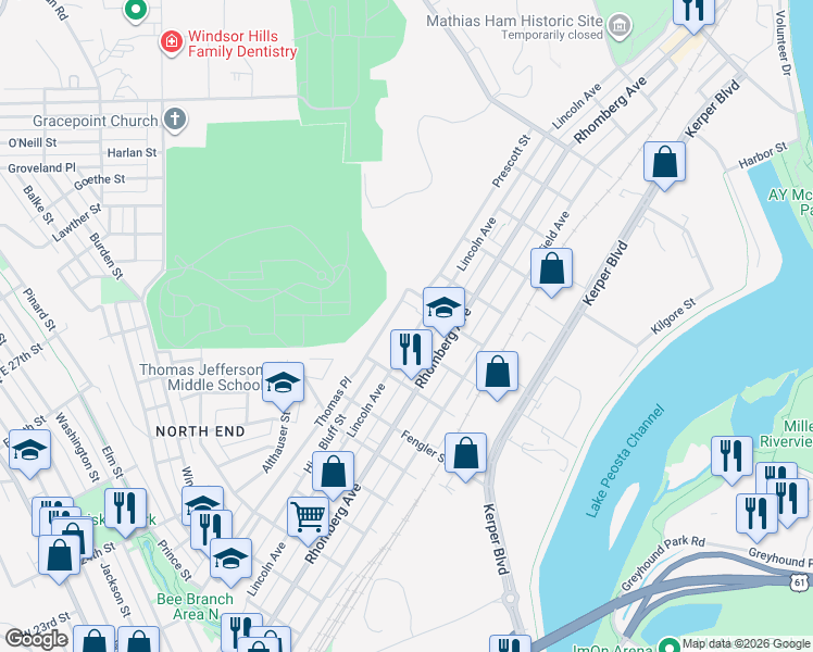 map of restaurants, bars, coffee shops, grocery stores, and more near 1423 Lincoln Ave in Dubuque