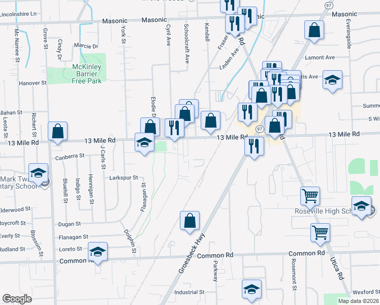map of restaurants, bars, coffee shops, grocery stores, and more near 16590 13 Mile Road in Roseville