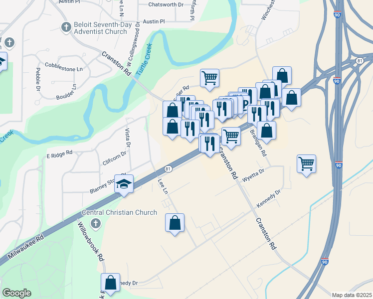 map of restaurants, bars, coffee shops, grocery stores, and more near 1810 Sutler Avenue in Beloit