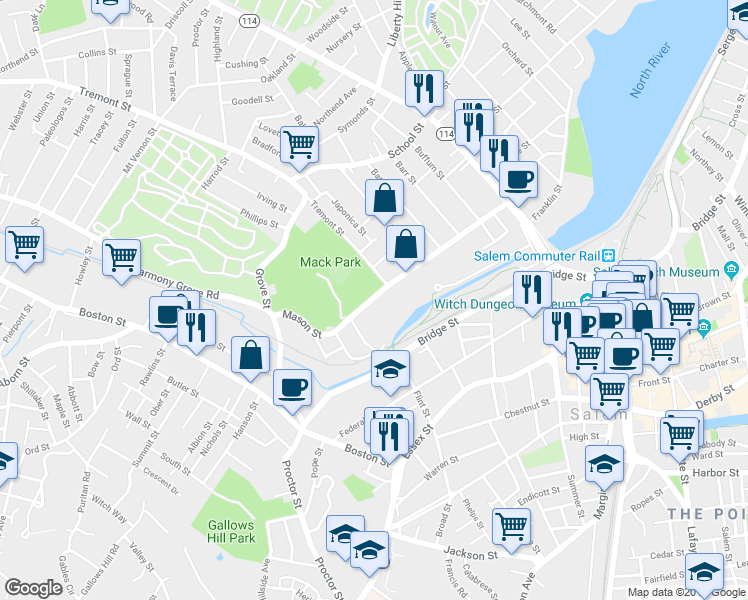 map of restaurants, bars, coffee shops, grocery stores, and more near 69 Mason Street in Salem