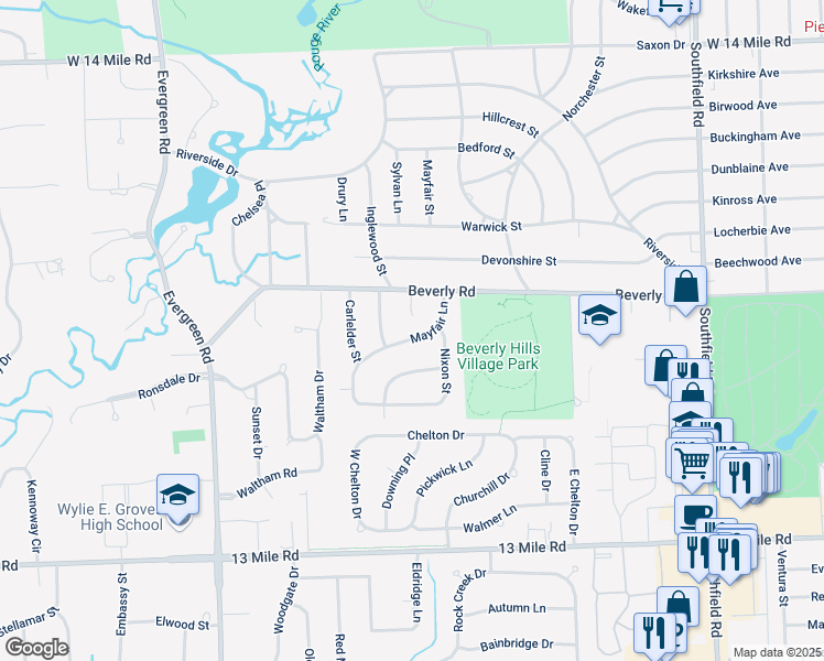map of restaurants, bars, coffee shops, grocery stores, and more near 31964 Alden Court in Beverly Hills