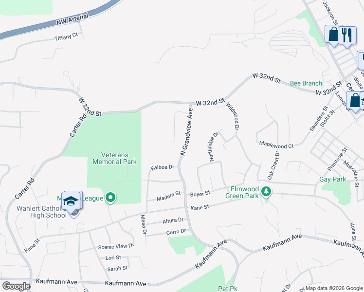 map of restaurants, bars, coffee shops, grocery stores, and more near 2877 North Grandview Avenue in Dubuque