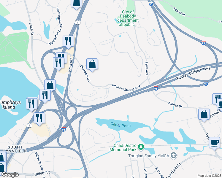 map of restaurants, bars, coffee shops, grocery stores, and more near 2 Magnolia Way in Peabody