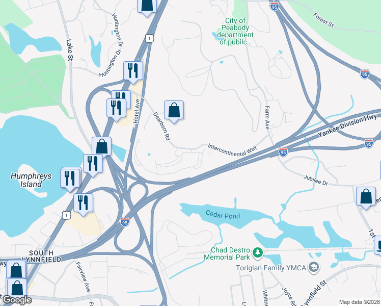 map of restaurants, bars, coffee shops, grocery stores, and more near 10 Dearborn Road in Peabody