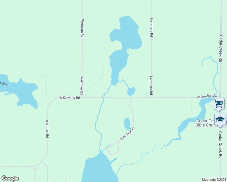 map of restaurants, bars, coffee shops, grocery stores, and more near 2790 West Dowling Road in Delton