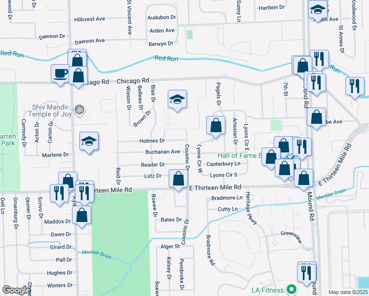 map of restaurants, bars, coffee shops, grocery stores, and more near 31344 Cousino Drive in Warren