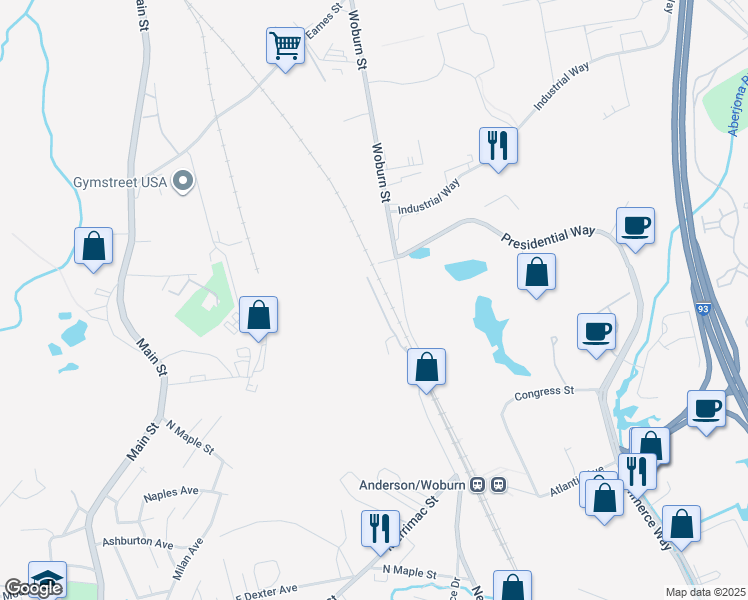 map of restaurants, bars, coffee shops, grocery stores, and more near 324 New Boston Street in Woburn