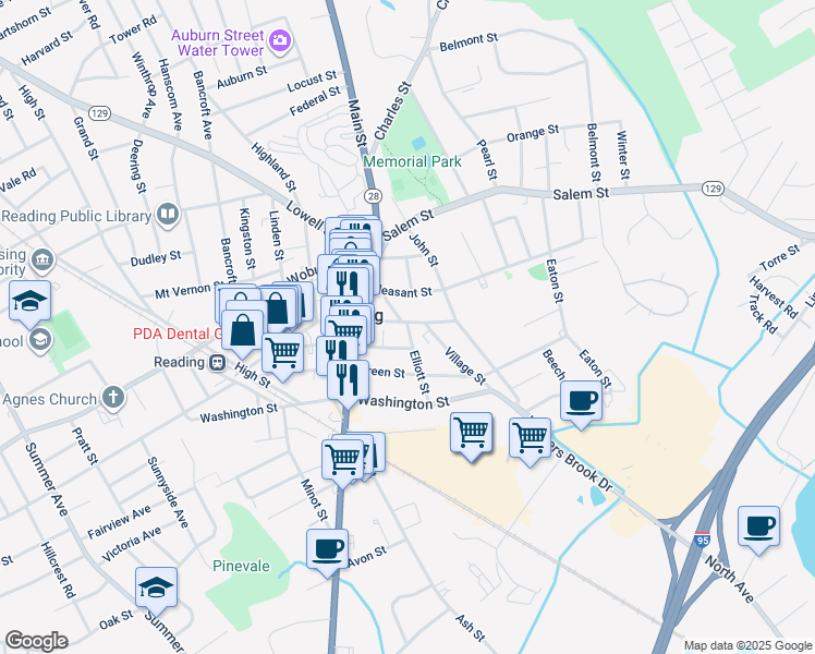 map of restaurants, bars, coffee shops, grocery stores, and more near 309 Haven Street in Reading