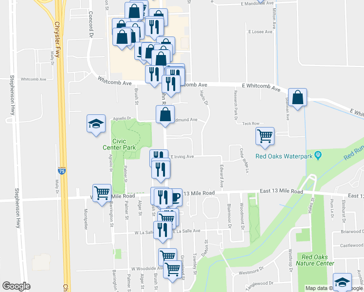 map of restaurants, bars, coffee shops, grocery stores, and more near 31300 John R Rd in Madison Heights