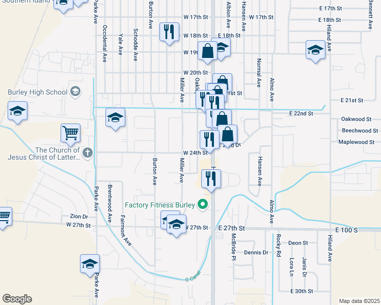 map of restaurants, bars, coffee shops, grocery stores, and more near 2403 Oakley Avenue in Burley