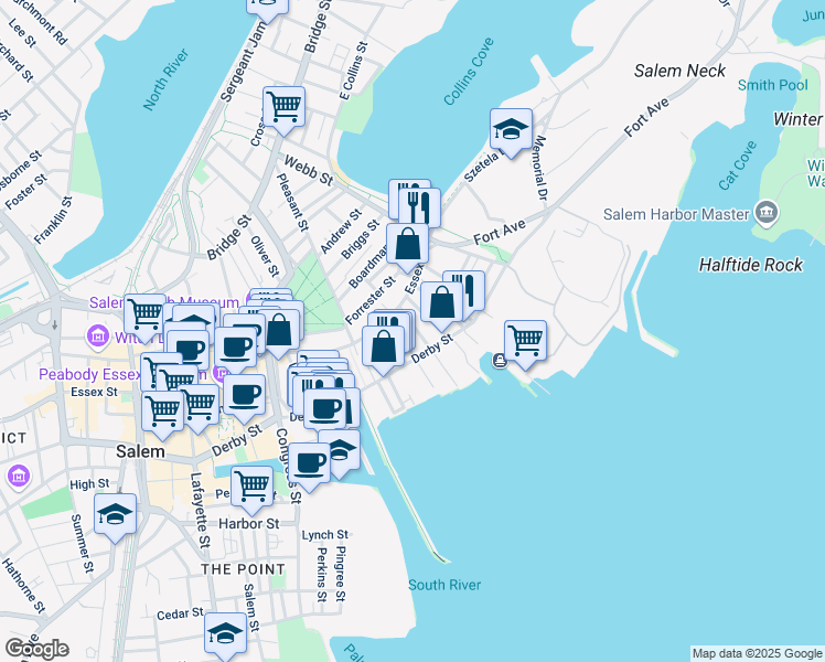map of restaurants, bars, coffee shops, grocery stores, and more near 43 Essex Street in Salem